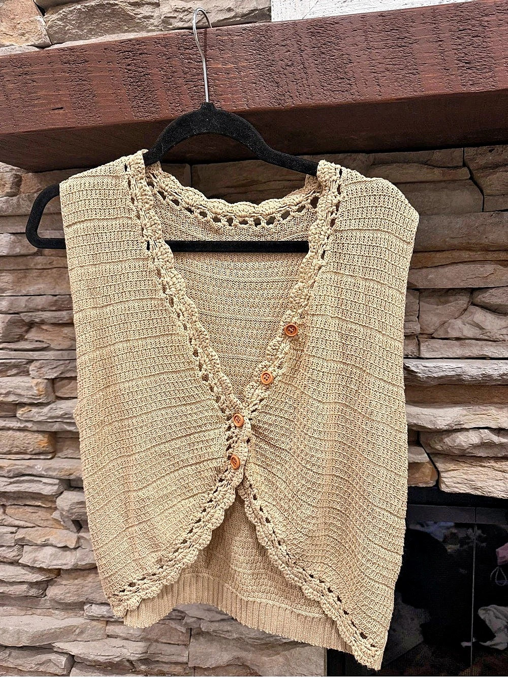 Crochet Button-Front Sweater Vest in Brown Like New